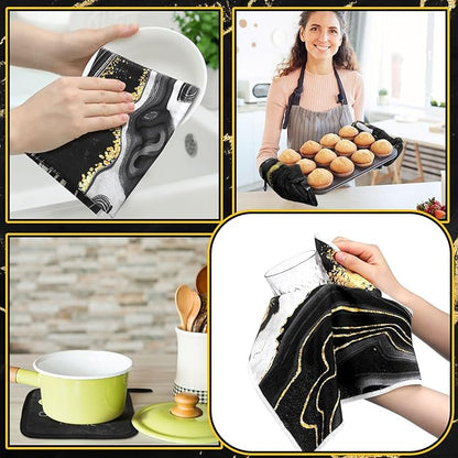 10 Pcs Christmas Marble Farmhouse Kitchen Decor Accessories Set Marble Kitchen Dish Towels Rugs Oven Mitts and Pot Holders Sets for Cooking Baking Daughter Mom Gift(Black)