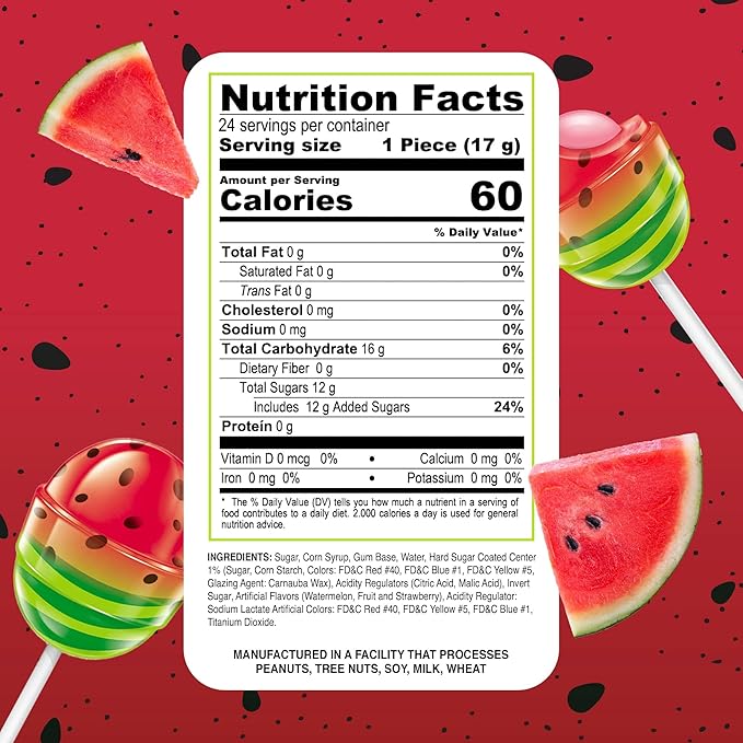 Colombina Bon Bon Bum Lollipops w/Bubble Gum Center, Watermelon Flavor, Individually Wrapped, Ideal for Party Favors and Gifts, 2 Pack (24 Count)