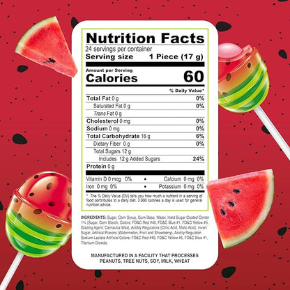 Colombina Bon Bon Bum Lollipops w/Bubble Gum Center, Watermelon Flavor, Individually Wrapped, Ideal for Party Favors and Gifts, 2 Pack (24 Count)