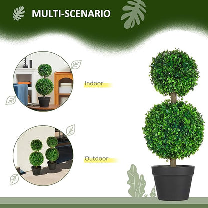 HOMCOM Set of 2 23.6" Artificial Ball Boxwood Topiary Trees with Pot, Indoor Outdoor Fake Plants for Home Office & Living Room Decor