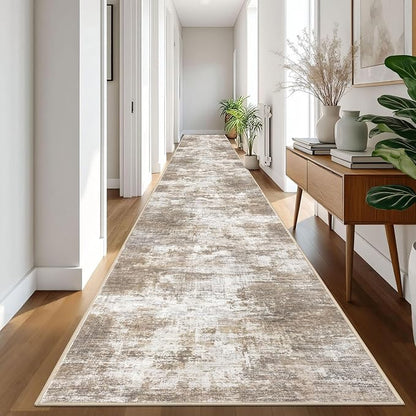 IOHOUZE Abstract Runner Rug 3x20 Ft Extra Long Washable Runners for Hallways, Non Slip Kitchen Runner Printed Faux Wool Entryway Runner Indoor, Modern Abstract Floor Carpet for Hall Stair, Beige Brown
