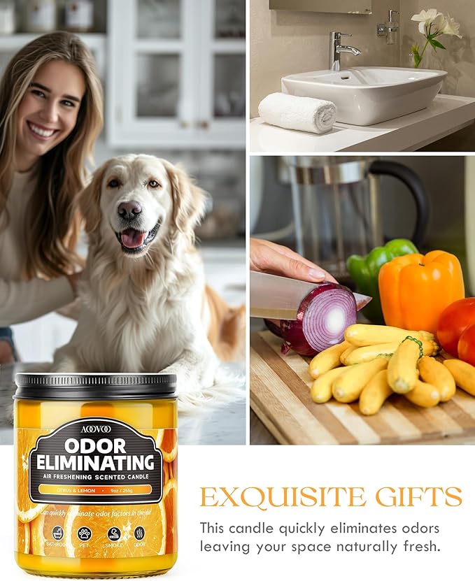AOOVOO Citrus & Lemon 2 Pack Odor Eliminating Highly Fragranced Candle - Eliminates 95% of Pet, Smoke, Food and Other Smells Quickly, Air Freshing Soy Candle, 18 oz Up to 100 Hours Burn time