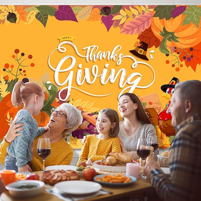 Thanksgiving Backdrop, 84" x 60" Orange Polyester Thanksgiving Banner with Pumpkin, Maple Leaf & Turkey Design, Great for Photo Booth, Wall Decor, Party Supplies
