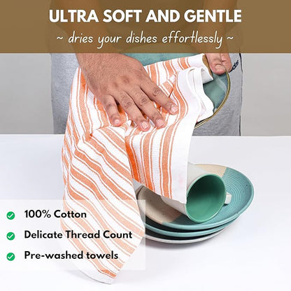 Native Fab Stripe Kitchen Towels - 4 Pack - Basket Weave 100% Cotton Dish Towel - 16x26 inches - Absorbent Towels for Cleaning, Quick Drying, Washable Dish Cloths with Hanging Loop - Orange White