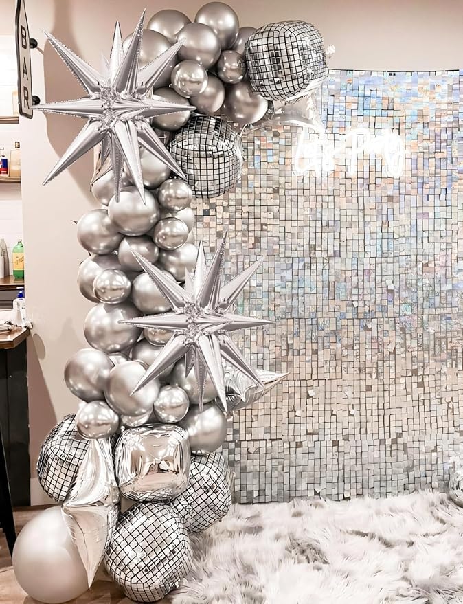 6Pcs 22 Inch Silver Balloons, Disco Ball Balloons with Silver Round Foil Balloon, 70s 80s 90s Theme Large Metallic Disco Balloon for Dance Bachelorette Graduation Birthday Party Supplies