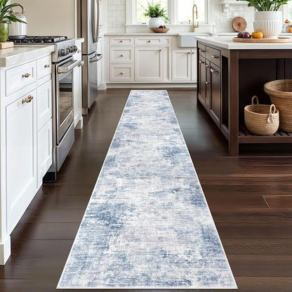 IOHOUZE Abstract Runner Rug 2x12 Ft Washable Runners for Hallways, Non Slip Kitchen Runner Printed Faux Wool Entryway Runner Indoor, Modern Abstract Floor Carpet for Hall Kitchen, Light Blue White