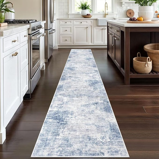 IOHOUZE Abstract Runner Rug 2x12 Ft Washable Runners for Hallways, Non Slip Kitchen Runner Printed Faux Wool Entryway Runner Indoor, Modern Abstract Floor Carpet for Hall Kitchen, Light Blue White