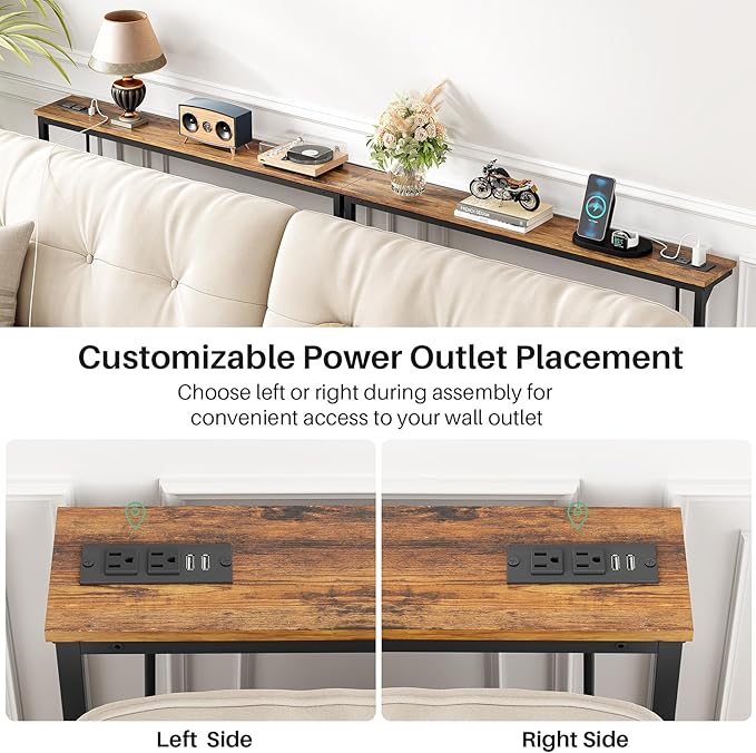 Kitstorack 2-Pack Narrow Console Table with Adjustable Height (25"-33") & 2 Power Outlets, Skinny Behind Couch Table, 79" Long x 5.9" Wide Sofa Side Table for Living Room, Rustic Brown | 2-Pack, Behind Sofa Couch