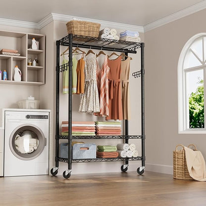 Heavy Duty Clothes Rack Rolling Garment Rack,3 Tier Adjustable Wire Shelving Clothing Racks for Hanging Clothes with Hanger Rod&Side Hooks,Freestanding Wardrobe Storage Rack Metal Portable Closet