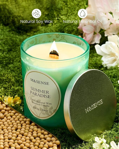 M&SENSE Summer Paradise Scented Candle, Cracking Wooden Wick Soy Wax, 18oz 100 Hours Long Lasting Clean Burn, Large Jar Candles for Home Decor, Non-Toxic Relaxing Aromatherapy Gifts for Women