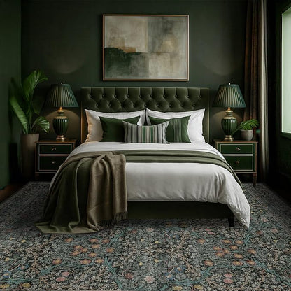 Vintage Washable Dark Green 10x14 Rug for Living Room - Extra Large Area Rug for Dining Room Under Table, Soft Low Pile Carpet for Bedroom - Vintage Floral Design Non-Slip (10x14 Dark Green)