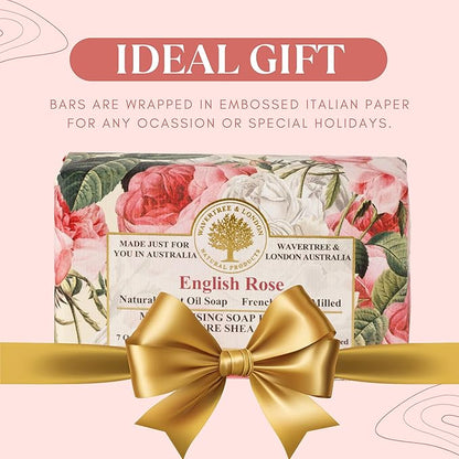 Wavertree & London English Rose Scented Natural Soap Bar, 7oz Moisturizing French Triple Milled Soap Bar for Women & Men Enriched with Organic Shea Butter, Pure Bath & Body Soap (1 Bar)