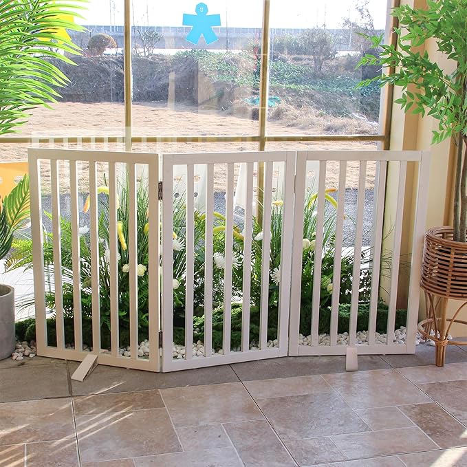 Dog Gate Indoor, Freestanding Dog Fence for The House, Doorways, Hallways,or Stairs,Pet Gate Foldable Wooden,Expandable 32" Height 3 Panels,White
