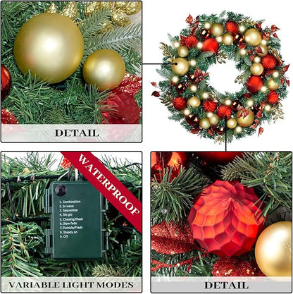 WANNA-CUL Pre-Lit 30 Inch Large Christmas Wreath for Front Door with 50 Led Lights,Luxury Red Gold Lighted Christmas Door Wreath Decor with Ball Ornaments, Battery Operated