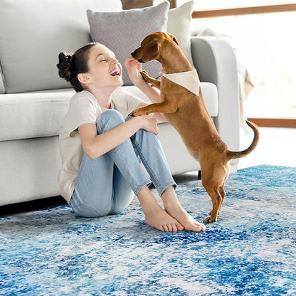 10x14 Area Rugs Living Room Rug - Washable Neutral Modern Abstract Large No Slip Soft Thin Rug Indoor Floor Carpet for Bedroom Under Dining Table Home Office Nursery Room - Blue White