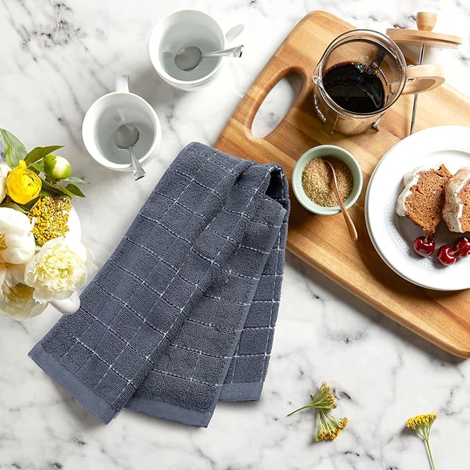 Mordimy 100% Cotton Terry Cloth Kitchen Towels, Super Soft and Absorbent Dish Towels for Drying, Checkered Designed Hand Towels for Kitchen, 16 x 26 Inches, 6 Pack, Grey