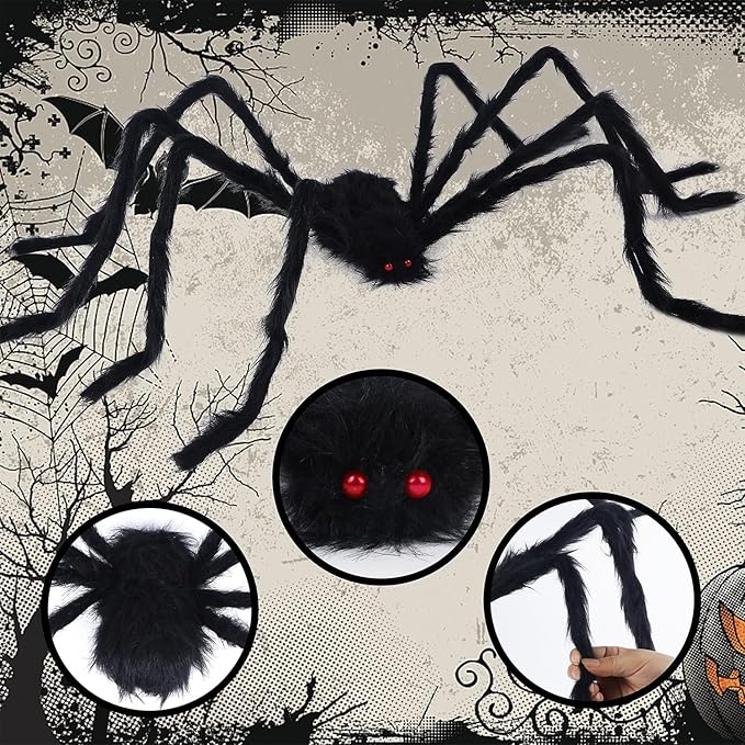 yosager Outdoor Halloween Decorations 2Pcs Realistic Giant Spiders, Huge Hairy Scary Halloween Spider Prop, Black Spooky Spider for Indoor House Outdoor Window Yard Patio Decor (60" 72")