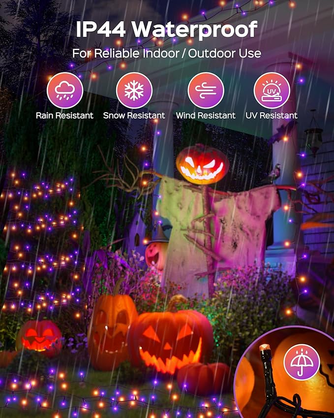 JACKYLED 300LED Purple & Orange Halloween Lights, 109FT Outdoor String Lights Connectable, Memory Function, 8 Modes Indoor Halloween Decorations for Party Carnival Supplies, Outdoor Yard Garden Decor