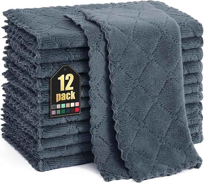 Homaxy 12 Pack Kitchen Dish Cloths (10 x 10 Inches, Dark Grey), Super Soft and Absorbent Coral Velvet Dish Towels, Nonstick Oil Fast Drying Microfiber Cleaning Cloth, No Lint Household Dishcloths