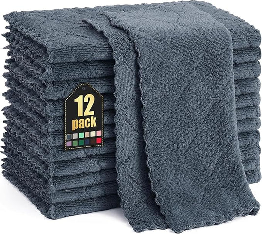 Homaxy 12 Pack Kitchen Dish Cloths (10 x 10 Inches, Dark Grey), Super Soft and Absorbent Coral Velvet Dish Towels, Nonstick Oil Fast Drying Microfiber Cleaning Cloth, No Lint Household Dishcloths