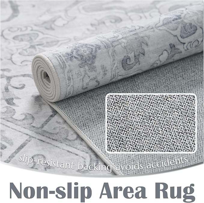 jinchan 2x3 Washable Rug for Entryway - Vintage Floral Ultra-Thin Low Pile Soft Small Non-Slip Distressed Indoor Doormat Accent Rug for Entrance Kitchen Bathroom Bedroom (2x3ft,Grey)