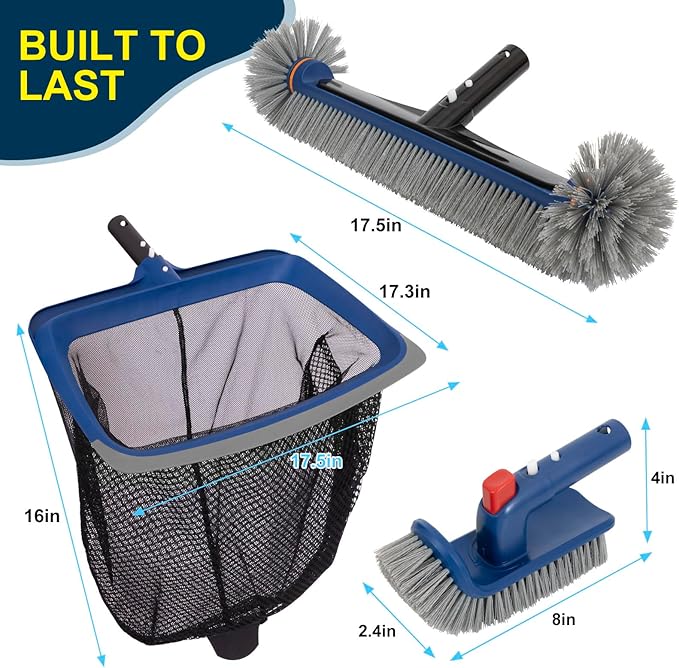 Deluxe Swimming Pool Cleaning Kit Including Pool Skimmer Net with Rubber Edge, 17.5" Pool Brush Head & Rotatable Pool Scrub Brush, Heavy Duty Pool Cleaning Kit Inground & Above Ground Pool (No Pole)