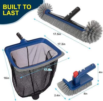 Deluxe Swimming Pool Cleaning Kit Including Pool Skimmer Net with Rubber Edge, 17.5" Pool Brush Head & Rotatable Pool Scrub Brush, Heavy Duty Pool Cleaning Kit Inground & Above Ground Pool (No Pole)