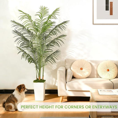 6FT Artificial Palm Tree, Tall Fake Tropical Areca Plant with White Square Planter for Indoor Outdoor Home Decor, Realistic Faux Palm Tree for Living Room, Office, Porch, Garden