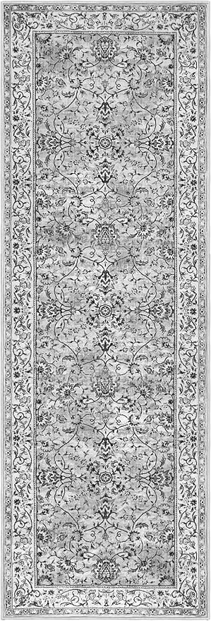 KILOCOCO Moroccan Kitchen Runner Rug 2x5 Runner Rug Washable Hallway Runners Printed Vintage Floral Non-Slip Rubber Backed Low Pile Distressed Boho Runners for Laundry Room Bedroom, Light Gray White