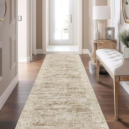 Kitchen Runner Rug Non Slip - 2.5 x 8 Runners for Hallways, Entryway, Bedroom, Washable Runner Rugs for Bathroom, Laundry Room, Low Pile Soft Vintage Area Rug(2.5'x8', Brown/Ivory)