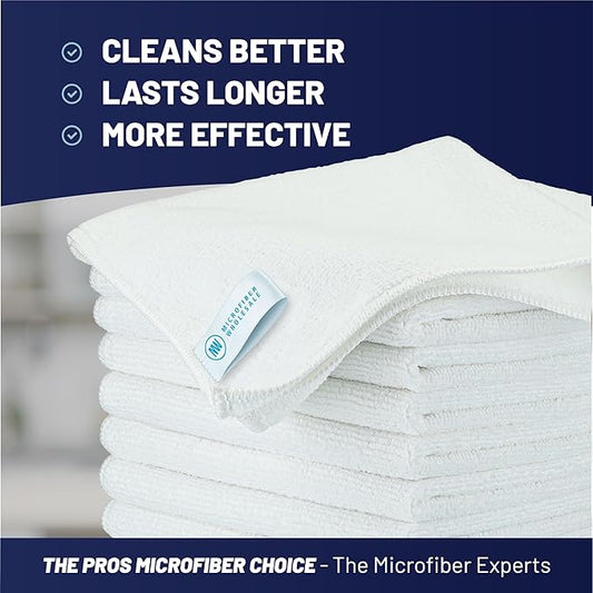 MW Pro Microfiber Cleaning Cloth | White (12 Pack) | Size 16" x 16" | All Purpose Microfiber Towels - Clean, Dust, Polish, Scrub, Absorbent