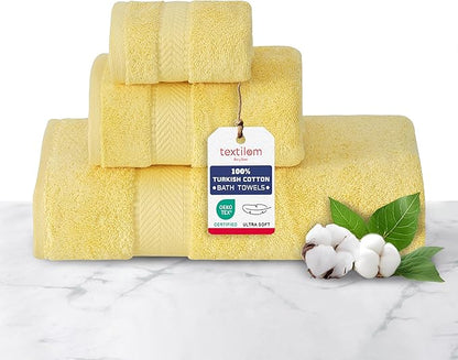 TEXTILOM 100% Turkish Cotton 3 Pcs Bath Towel Set, Luxury Bath Towels for Bathroom, Soft & Absorbent Bathroom Towels Set (1 Bathtowel, 1 Hand Towel, 1 Washcloth)- Yellow