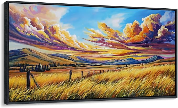 QZQCBLC Yellow Canvas Wall Art, Fall Grass Clouds Landscape Paintings Artwork Endless Mountain Range Rustic Scenery Wall Pictures for Living room Bathroom Bedroom Home Office Decor 20x40 IN