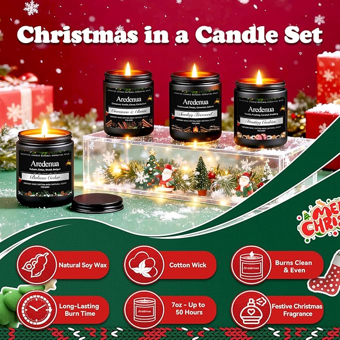Winter Candles Set | 4 Pack Holiday Scented Candles - Cozy Winter Soy Candle Scents of Balsam Cedar/Firewood/Cinnamon & Cloves/Cookies - Holiday Aromatherapy Candle Gifts for Women Men