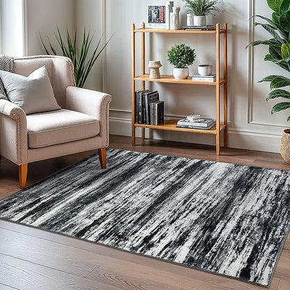 KOZYFLY 3x5 Area Rug Modern Ombre Rug for Bedroom, Washable Rug Non-Slip Soft Striped Living Room Area Rug, Black Navy Blue Grey Abstract Carpet for Laundry Nursery