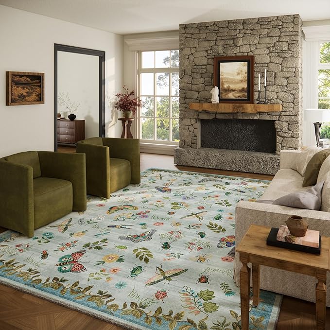 Machine Washable Rug for Living Room: 9x12 Area Rugs Vintage Rug Stain Resistant Non Slip Low Pile Soft Lightweight Carpets for Bedroom Kitchen Dining Room Nursery Kids Room Farmhouse Indoor