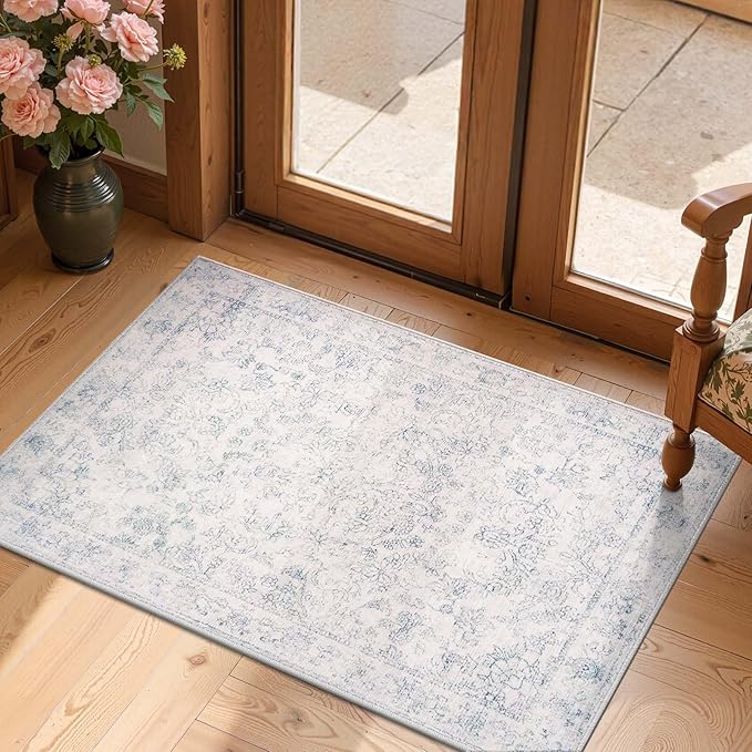 jinchan 2x3 Washable Rugs for Entryway - Kitchen Mats Vintage Floral Ultra-Thin Low Pile Soft Throw Small Non-Slip Distressed Doormat Accent Rug for Entrance Bathroom Bedroom (2'x3',Ivory)