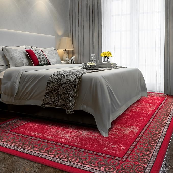 Antep Rugs Alfombras Bordered Modern 4x6 Non-Slip (Non-Skid) Low Pile Rubber Backing Indoor Area Rug (Red, 4' x 5'8")