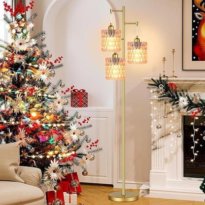3 Lights Tree Floor Lamps for Living Room,Gold Modern Floor Lamps with Amber Glass Shades,Vintage 68IN Standing Tall Lamp with 800 Lumens Bulbs,Mid Century Floor Lamp for Bedroom Corner Office