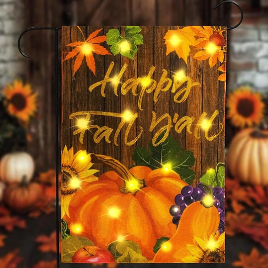 Solar Garden Flag with Lights - Happy Fall Y'all 12 x 18 Double Sided 5 Modes Led Pumpkin Yard Sign for Farmhouse Patio Lawn Harvest Thanksgiving