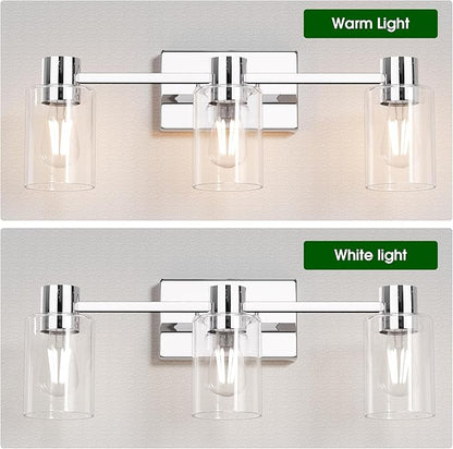 3-Light Modern Vanity Light Fixtures Over Mirror, Polished Chrome Bathroom Light Fixtures, Vanity Lights, Wall Sconce with Clear Glass Shade for Bathroom, E26 Base