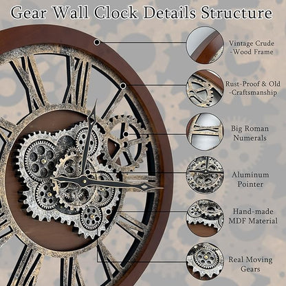 HOIBAI Large Wall Clock, 24 Inch Wall Clocks for Living Room Decor Farmhouse Vintage Rustic Kitchen Wall Decor Vintage Roman Big Oversized Wall Clock for Home Bedroom House Office, Moving Gears Clock