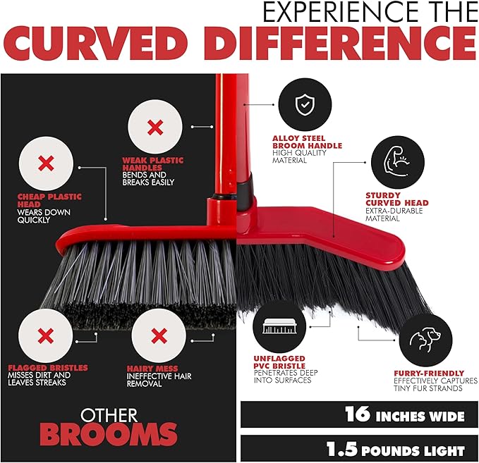 Da Vinci Curved Angle Broom & Dustpan Combo Pack - Heavy Duty Wide Broom for Indoor/Outdoor Sweeping, Steel Telescopic Handle, Durable PVC Bristles, Ideal for Pet Hair, Dust, Kitchen & Rough Surfaces