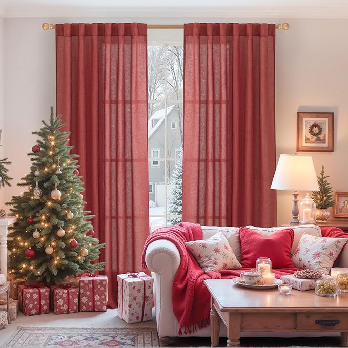 YoungsTex Burgundy Red Linen Curtains 84 Inch Length for Living Room Christmas Deocr, Light Filtering Semi Sheer Drapes with Rod Pocket Back Tab for Bedroom Dining, 2 Panels, 52 X 84 Inch