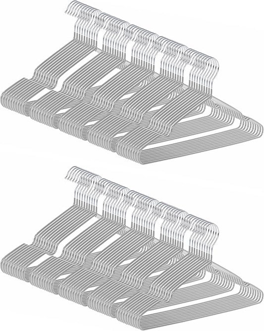 Ultra-Thin Metal Hangers, 100 Pack Non-Slip PVC Coated Space Saving Clothes Hangers for Closet, 16 inch Wide for Suits, Dresses, Jackets（Gray）