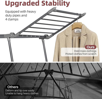 APEXCHASER Clothes Drying Rack Foldable, Large Drying Rack for Clothing Retractable, Winged Laundry Rack Folding Indoor Outdoor, Metal Clothes Airer for Bedding Towel Sweater Heavy Duty, Grey