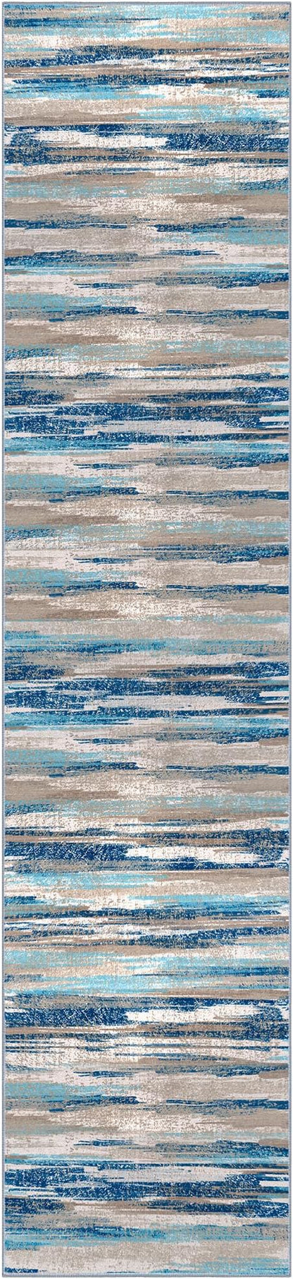 Modern Abstract Runner Rug 3x12, Blue Washable Long Kitchen Runner Non-Slip Soft Hallway Rug Runner Thin Print Faux Wool Carpet for Entryway Bedroom Laundry Room Indoor Home Decor