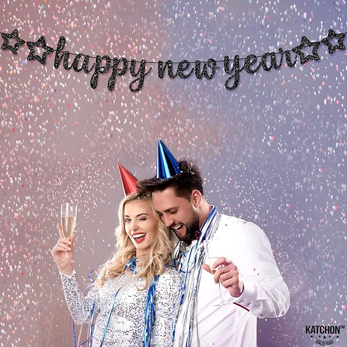 KatchOn, Glitter Happy New Year Banner Black - 10 Feet, No DIY | Black Happy New Year Sign | New Years Eve Party Supplies 2026 | New Years Banner, NYE Decorations 2026