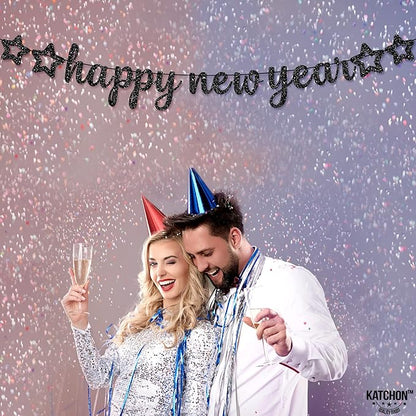 KatchOn, Glitter Happy New Year Banner Black - 10 Feet, No DIY | Black Happy New Year Sign | New Years Eve Party Supplies 2026 | New Years Banner, NYE Decorations 2026