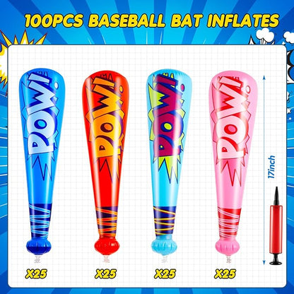 Seematn 100 Pcs Pow Inflatable Baseball Bats 17 Inch Inflatable Blow up Bats for Kids Carnival Game Prizes Bulk Baseball Party Favors Carnival Hero Sports Prizes (Blue,Dark Blue,Pink,Red)